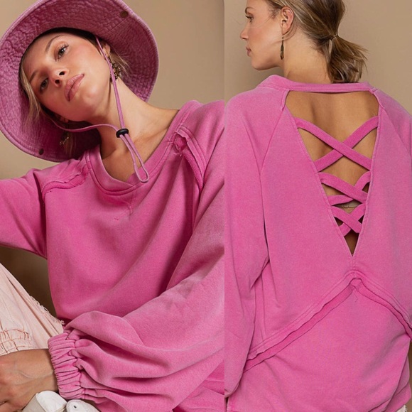 POL Hot Pink Crisscross Back Sweatshirt | Open Back | Slouchy Oversized Fit - Picture 5 of 5
